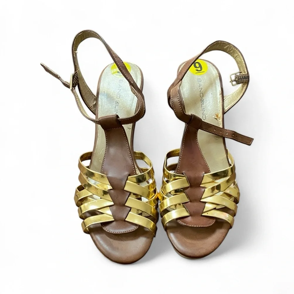 Bandolino Gold and Brown Wedge Sandals Size 9